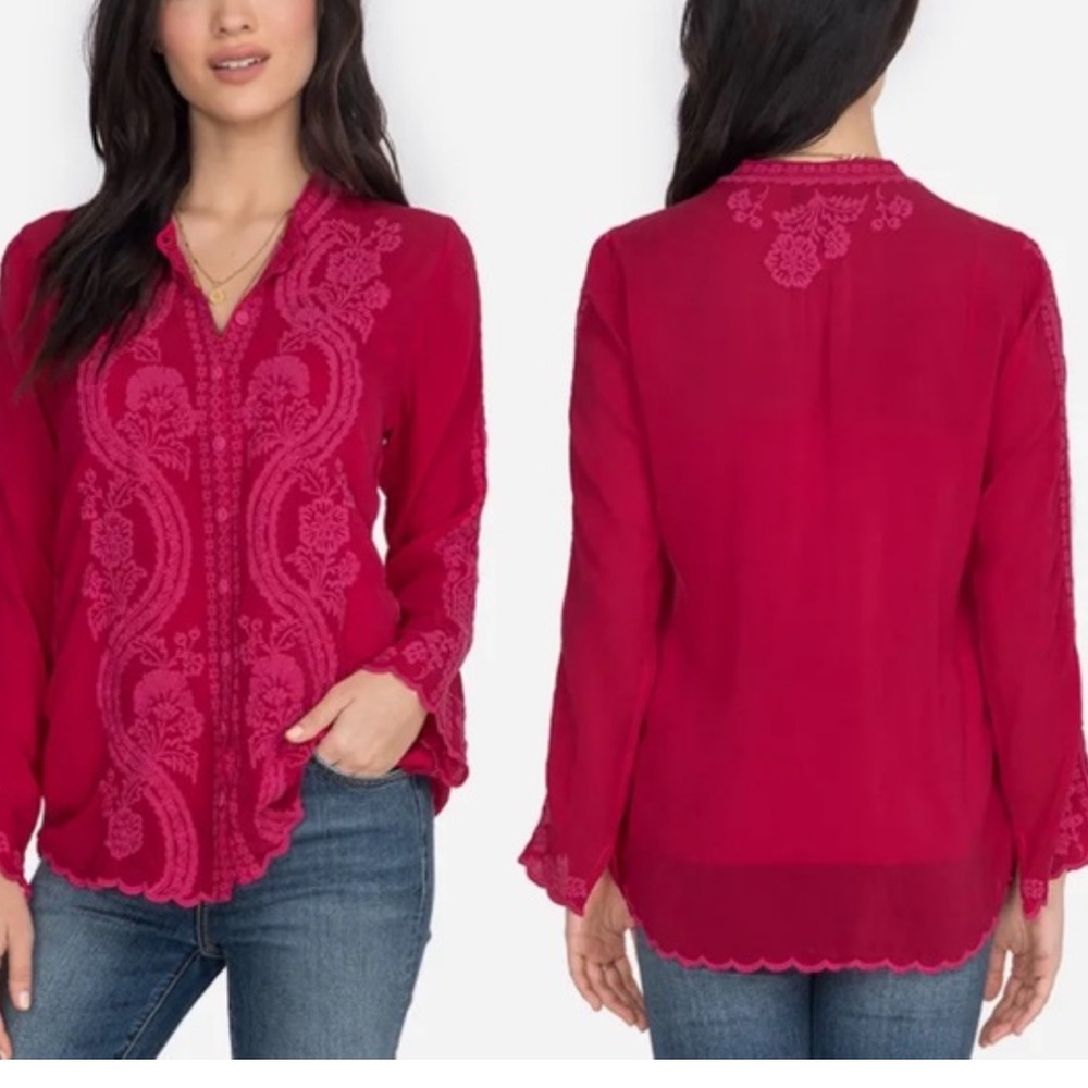 JOHNNY WAS "Midge" Boho Resort Wear Hippie-Chic Magenta Floral Embroidery Top XS - Picture 2 of 16